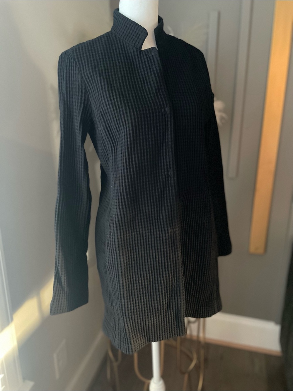 Eileen Fisher black standard collar long jacket in size XXS
